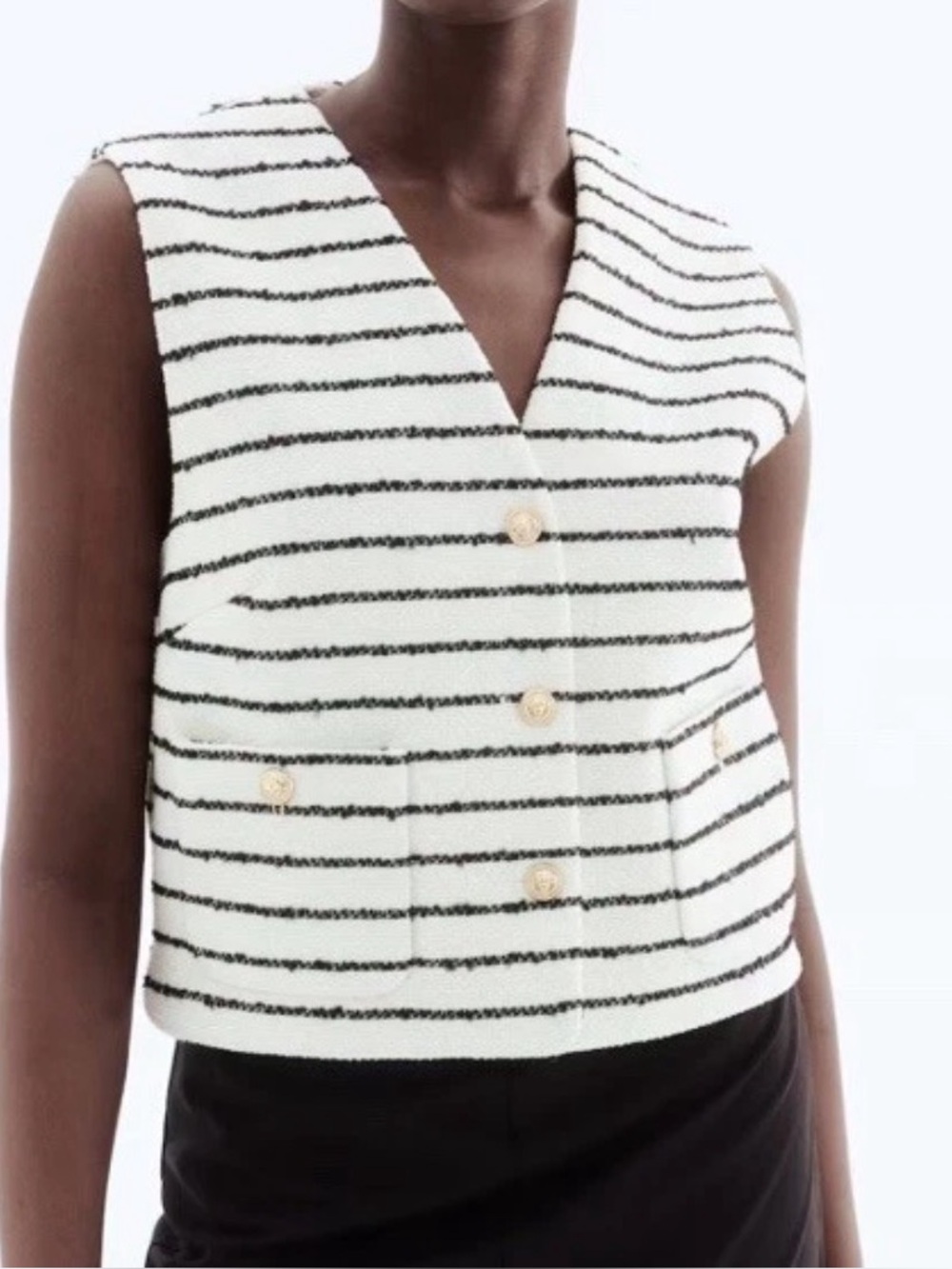 Striped Tweed V-Neck Sleeveless Top - White/Black